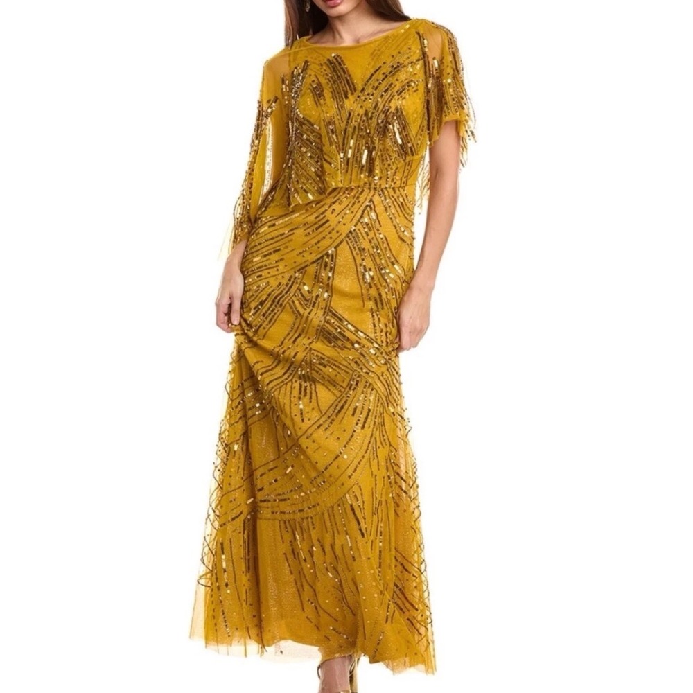Theia Ayla Gold Beaded Sequin Evening Gown Formal Maxi Dress Size 4